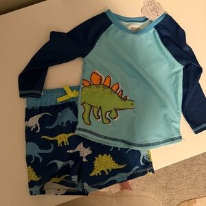 Mud Pie Dinosaur Swim Trunks and Rash Guard - Blue and Orange